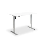 A simple, white desk with a rectangular top and two metal legs.