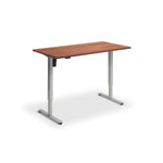 A simple, rectangular wooden desk with a metal frame.