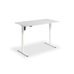 A simple, white adjustable desk with a flat top surface and two metal legs.