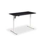 A simple, rectangular black desk with a white metal frame.