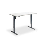 A simple, rectangular desk with a white top and black metal legs.