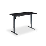 A simple, rectangular black desk with a flat top and two metal legs.