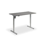 A simple, rectangular desk with a gray surface and metal legs.