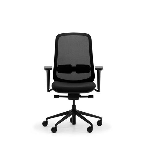 Torvan mesh task chair in black, front view showing twin lumbar pads