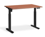 adjustable single-motor standing desk with brown top and black legs