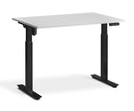 adjustable single-motor standing desk with white top and black legs