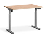 adjustable single-motor standing desk with brown top and silver legs