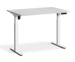 adjustable single-motor standing desk with white top and white legs