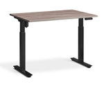 adjustable single-motor standing desk with brown top and black legs