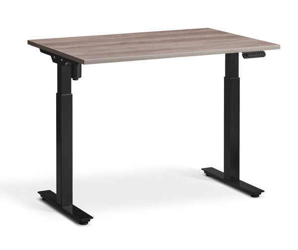 adjustable single-motor standing desk with brown top and black legs