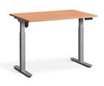 adjustable single-motor standing desk with brown top and silver legs