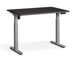 adjustable single-motor standing desk with black top and silver legs