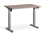 adjustable single-motor standing desk with brown top and grey legs