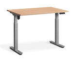 adjustable single-motor standing desk with brown top and grey legs