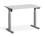 adjustable single-motor standing desk with white top and silver legs