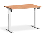 adjustable single-motor standing desk with brown top and white legs