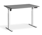 adjustable single-motor standing desk with grey top and white legs