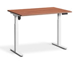 adjustable single-motor standing desk with brown top and white legs
