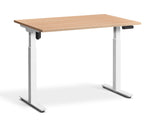 adjustable single-motor standing desk with brown top and white legs