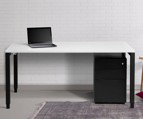 4 legged standing desk with white top and black legs
