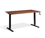 brown adjustable manual standing desk with black legs